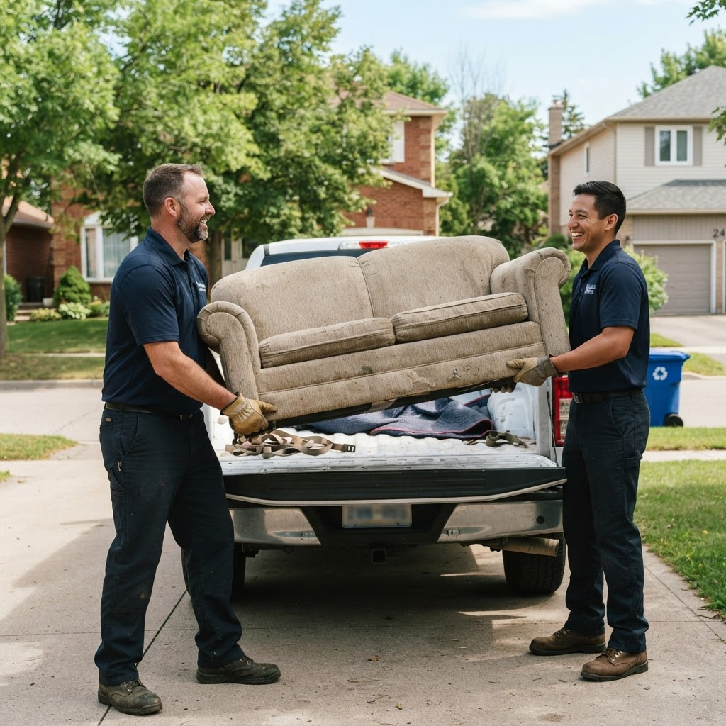 Mike and Dave loading an old couch into their pickup truck on a sunny driveway