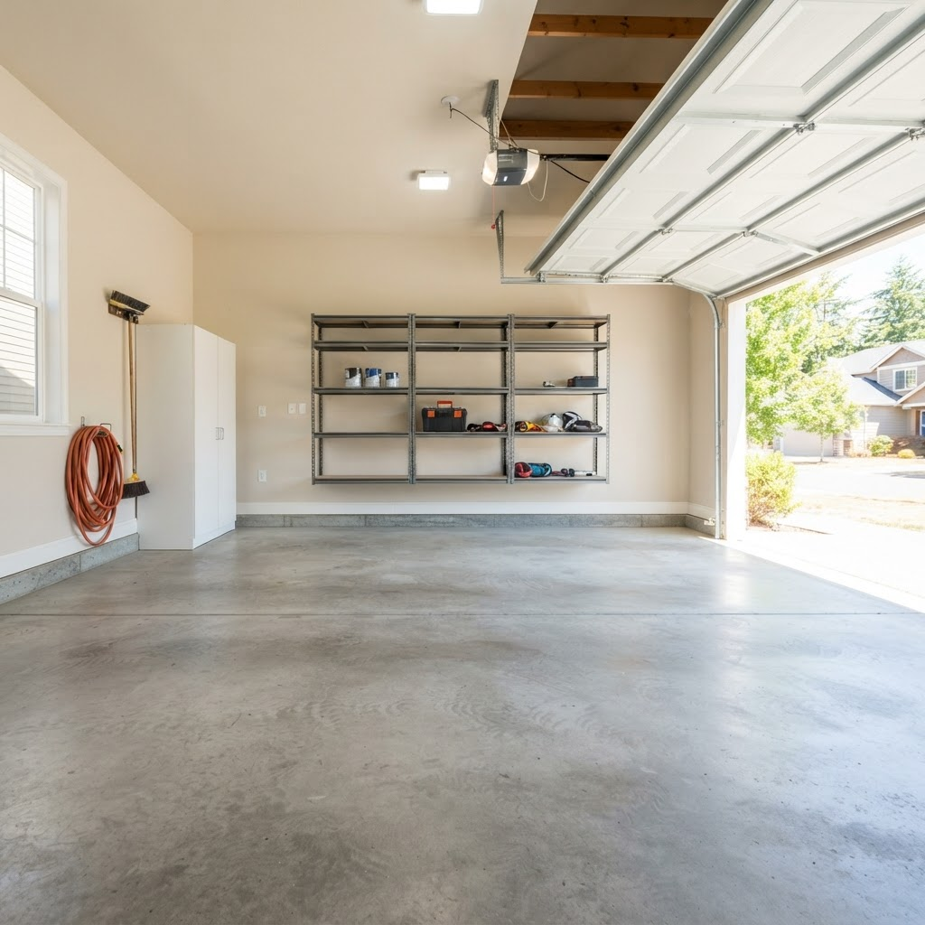 A clean, empty garage after a full junk cleanout